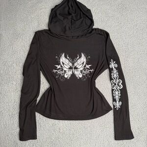 Orange Kiss black butterfly hooded top long sleeve fairy grunge Y2K size XL